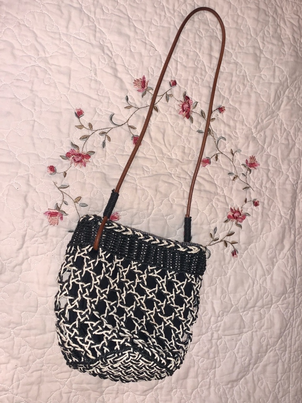 Woven Black and White Shoulder Bag with Brown Strap